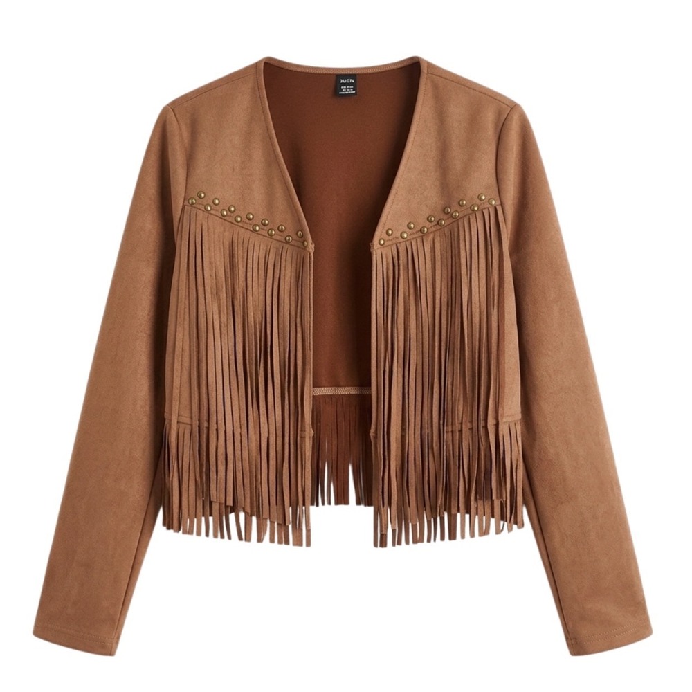 SHEIN Fringe Jacket Women Larege Brown Western Boho Studded Bolero